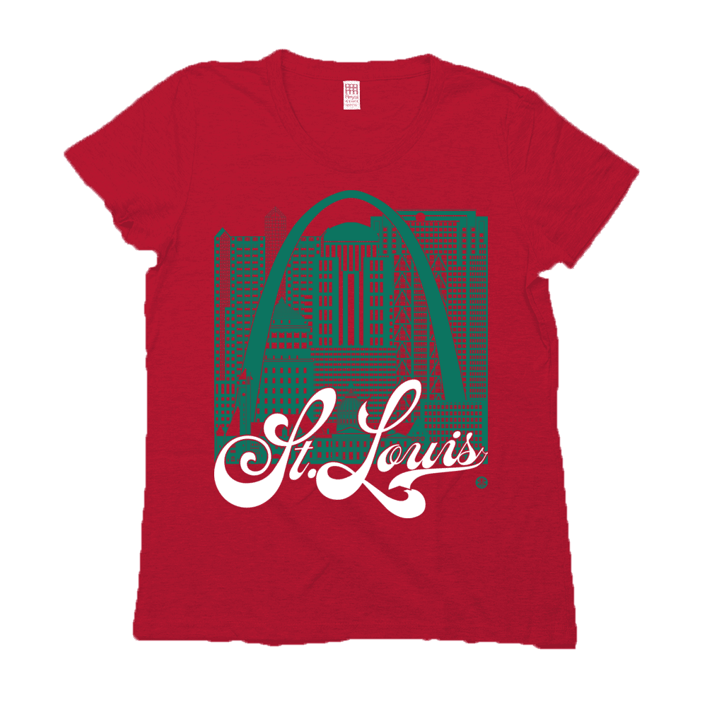 St. Louis Skyline Squared Women's T-Shirt - Green+White on Red