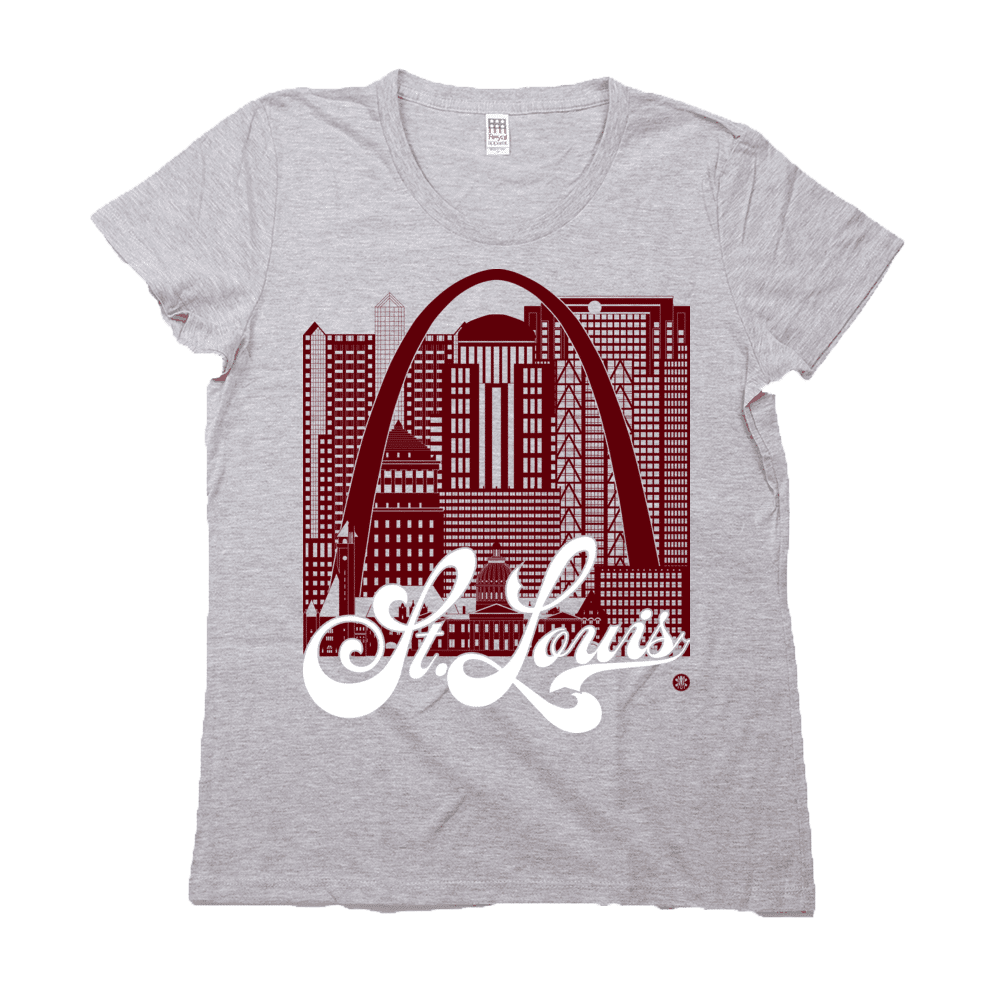 St. Louis Skyline Squared Women's T-Shirt - Maroon+White on Gray