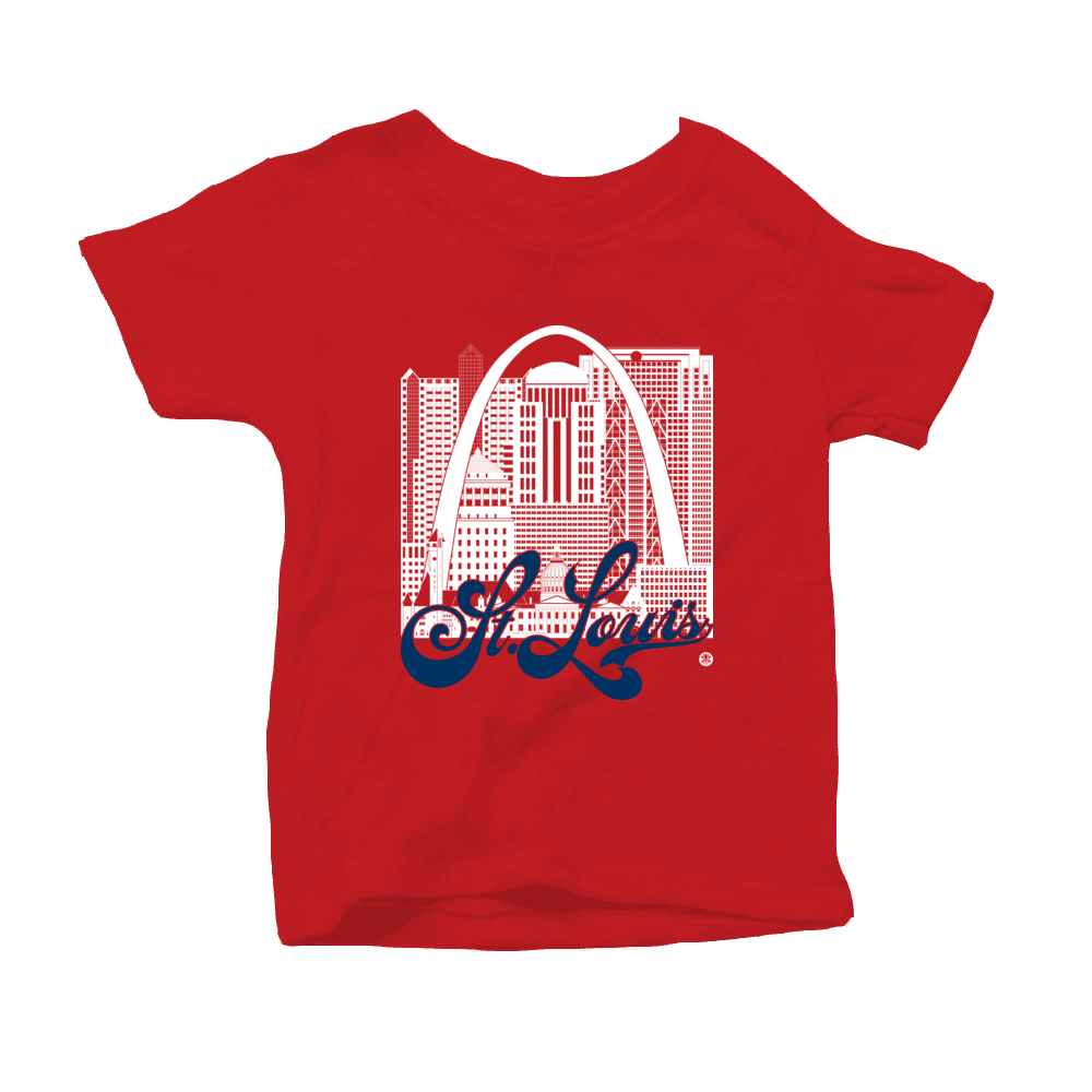 St. Louis Skyline Squared Toddler T-Shirt - White+Navy on Red
