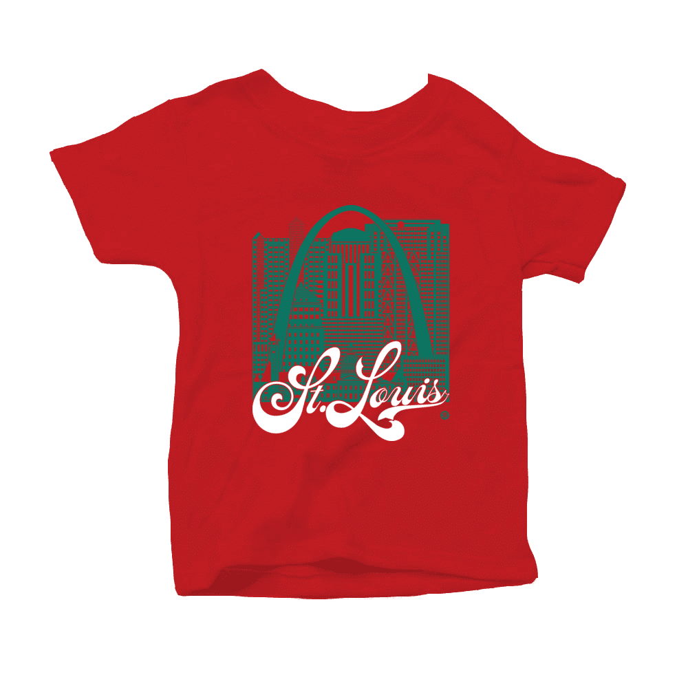 St. Louis Skyline Squared Toddler T-Shirt - Green+White on Red