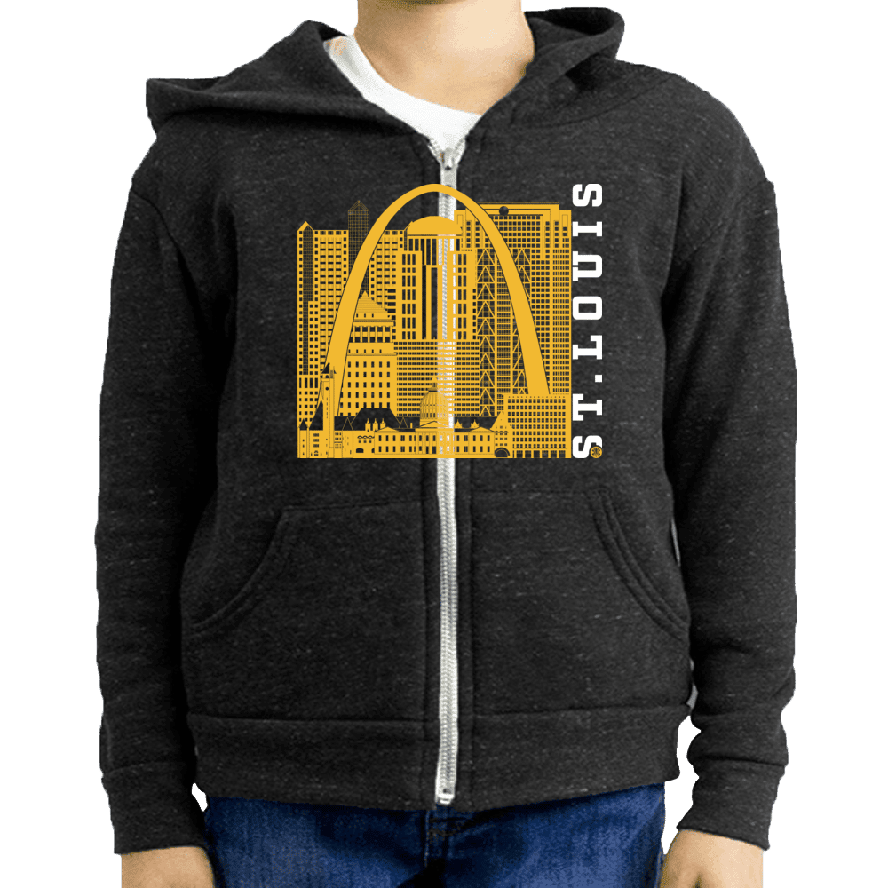 St. Louis Skyline Squared Youth Fleece Zip Hoodie - Yellow+White on Onyx
