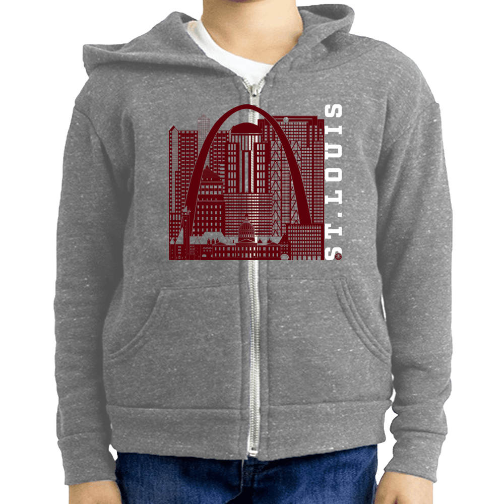 St. Louis Skyline Squared Youth Fleece Zip Hoodie - Maroon+White on Gray
