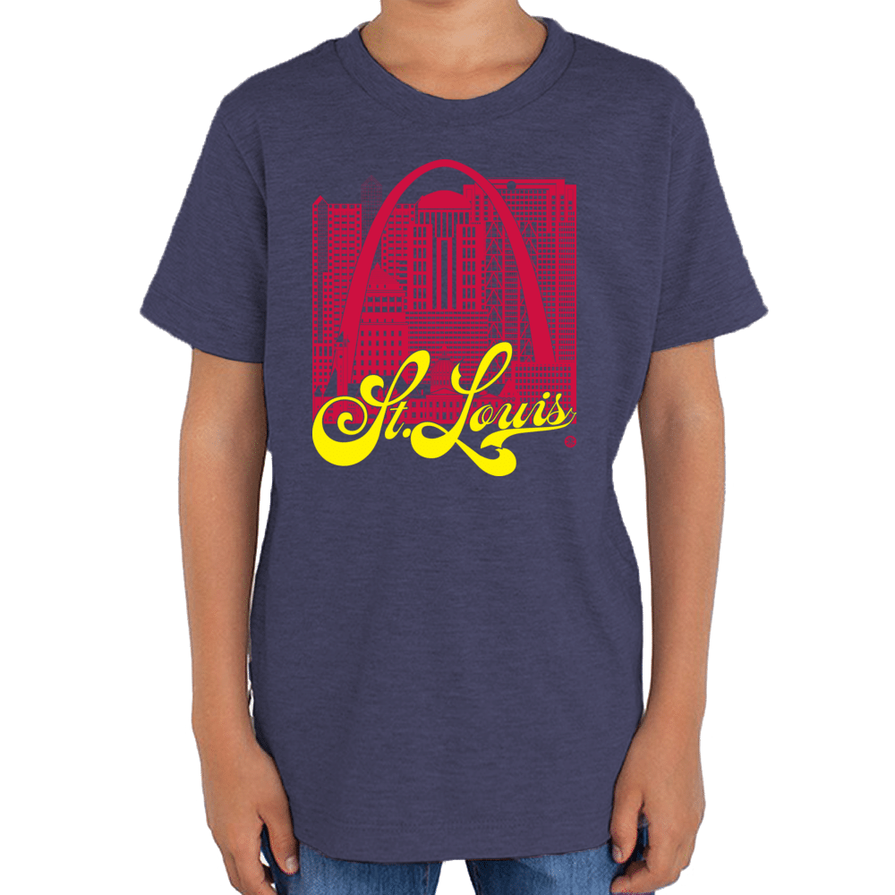 St. Louis Skyline Squared Youth T-Shirt - Red+Yellow on Navy