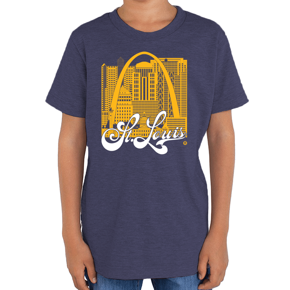 St. Louis Skyline Squared Youth T-Shirt - Yellow+White on Navy