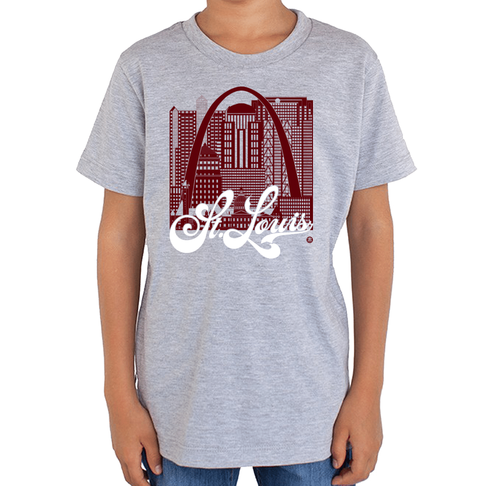 St. Louis Skyline Squared Youth T-Shirt - Maroon+White on Gray