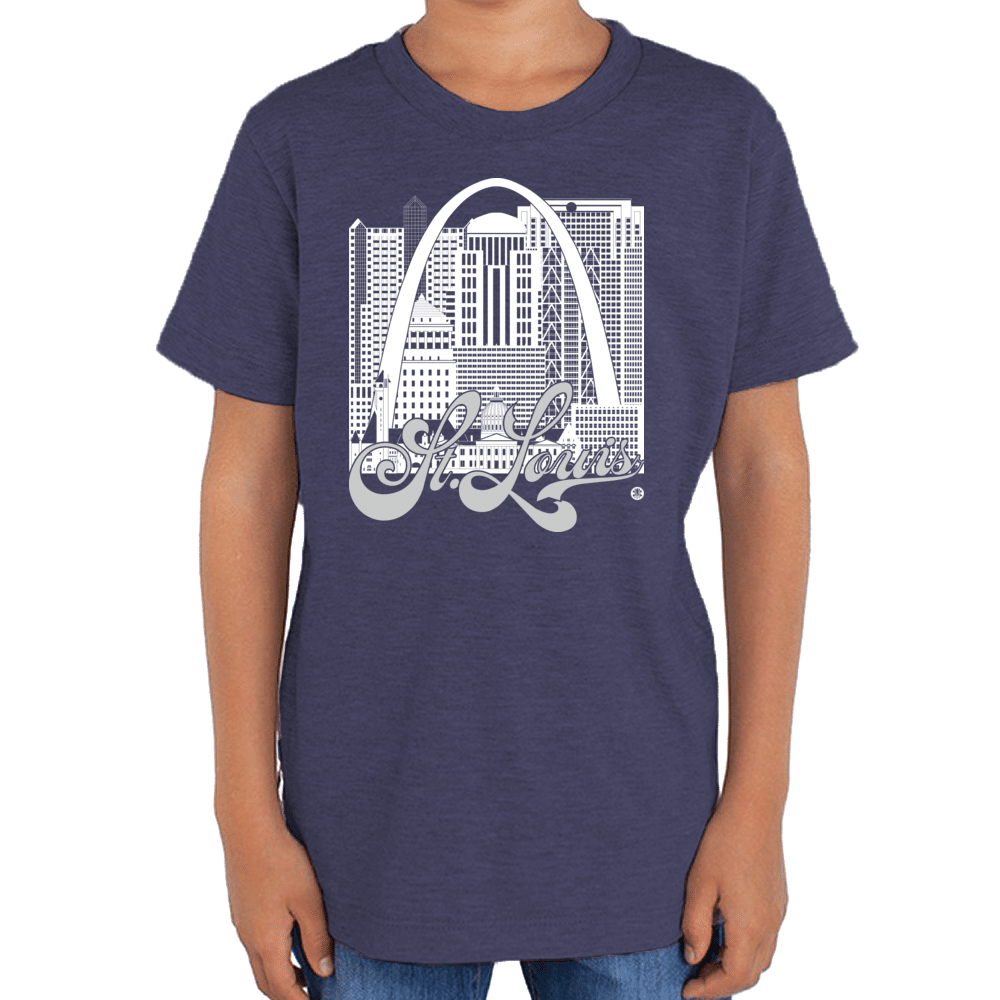 St. Louis Skyline Squared Youth T-Shirt - White+Silver on Navy